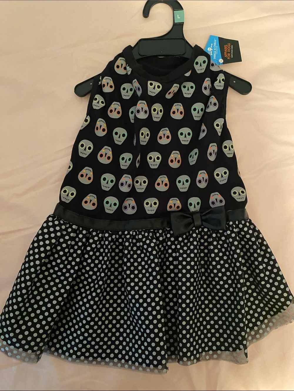 For Dog-  Black Skull & Polka Dot Dress with Bow - size Large